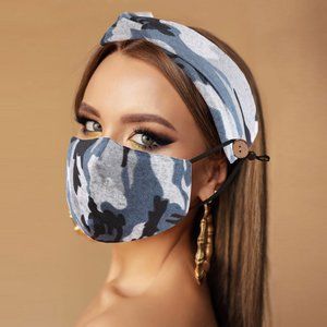 CAMOUFLAGE PRINT COTTON FASHION MASK HEADBAND SET